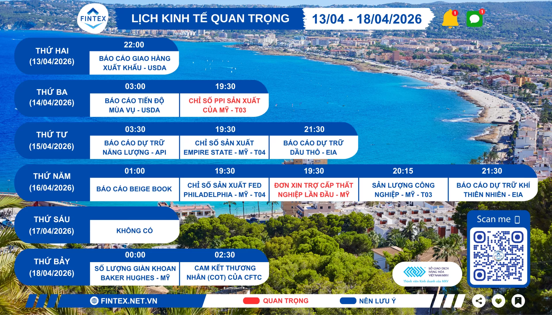 Lịch sự kiện kinh tế tuần 13/04 - 18/04/2026